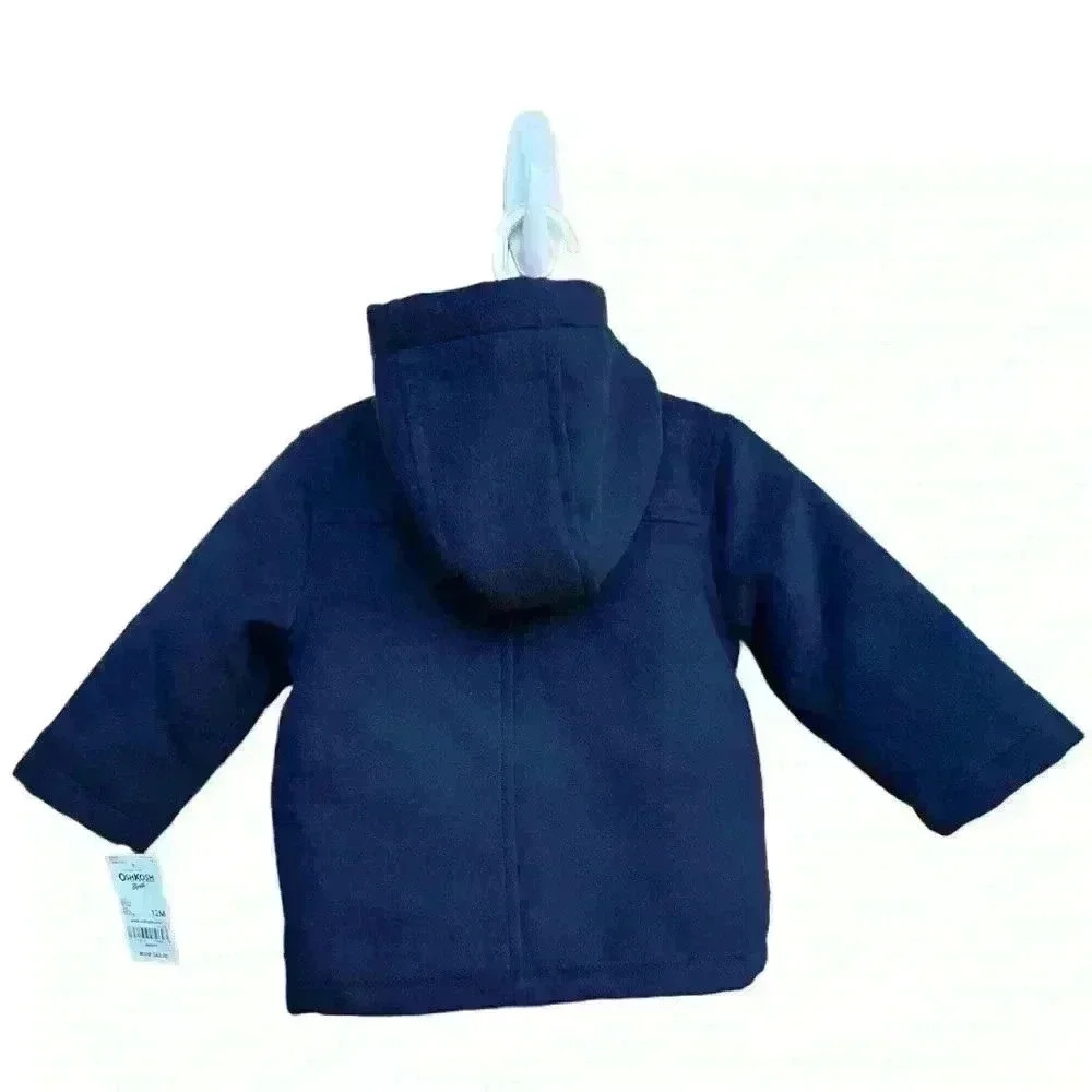 NWT OshKosh navy blue hooded boy’s peacoat 12 mos. - Picture 2 of 11